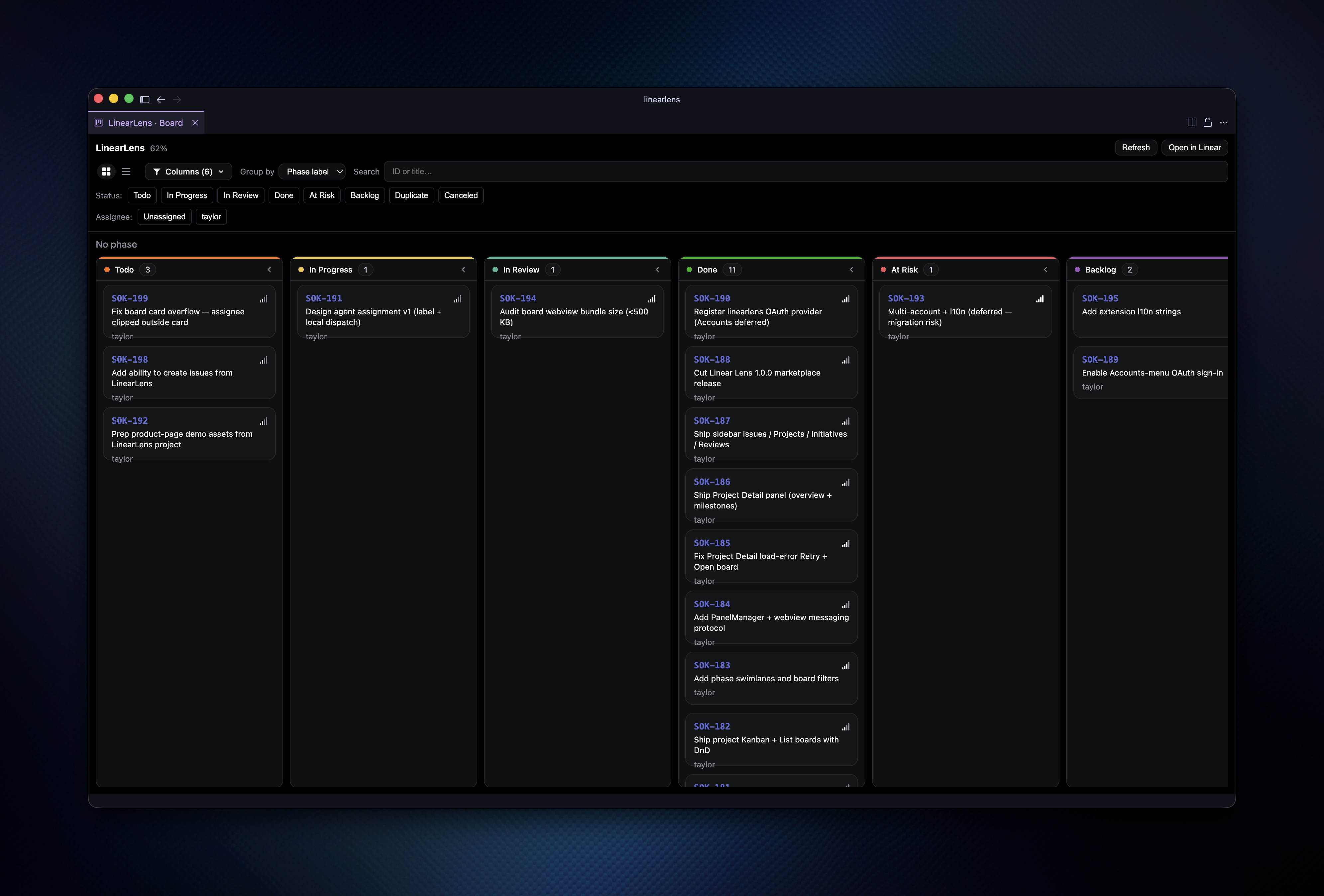 Linear Lens Kanban project board inside the IDE
