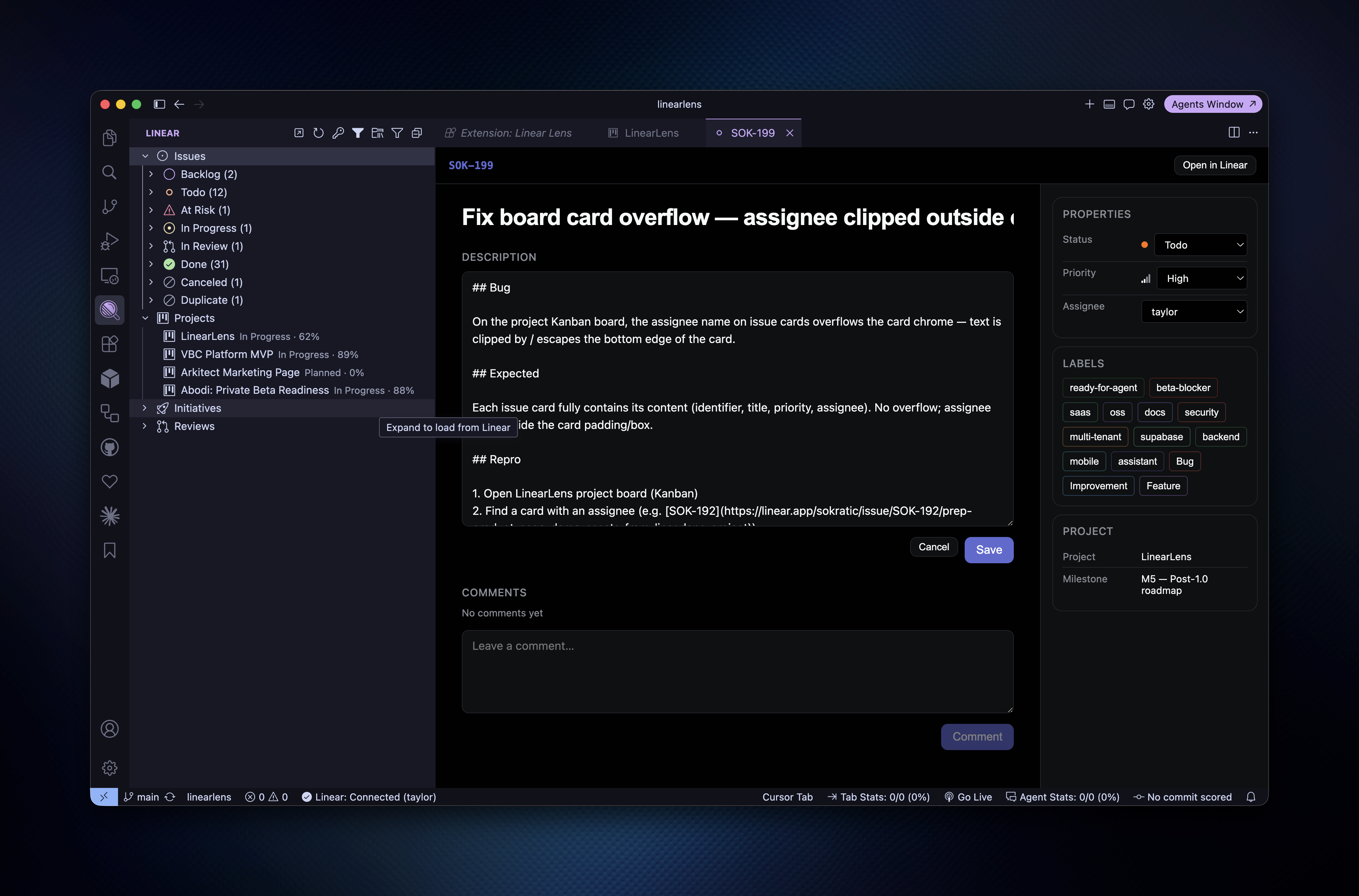 Linear Lens issue detail panel with editable properties