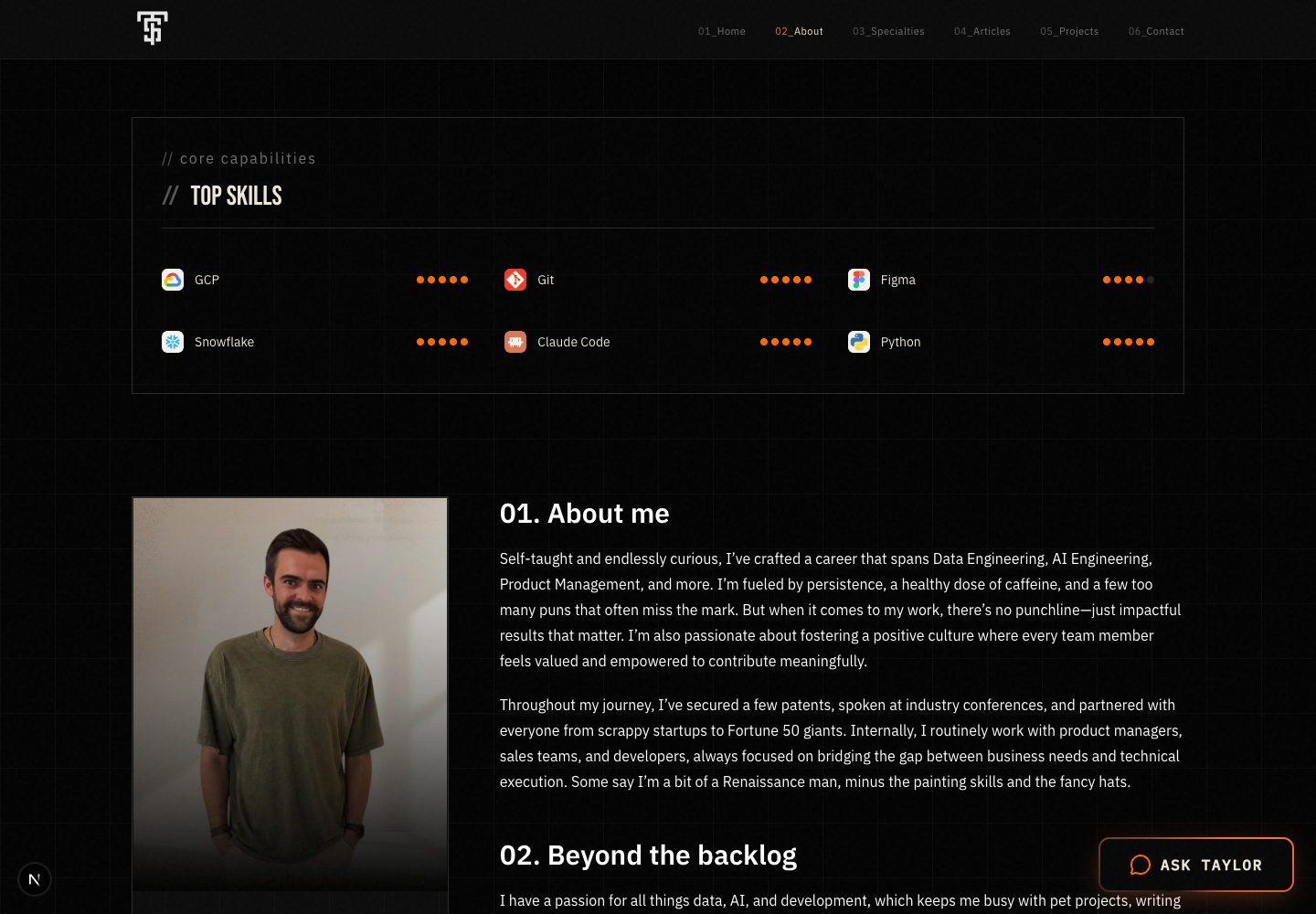 About page with top skills grid and bio
