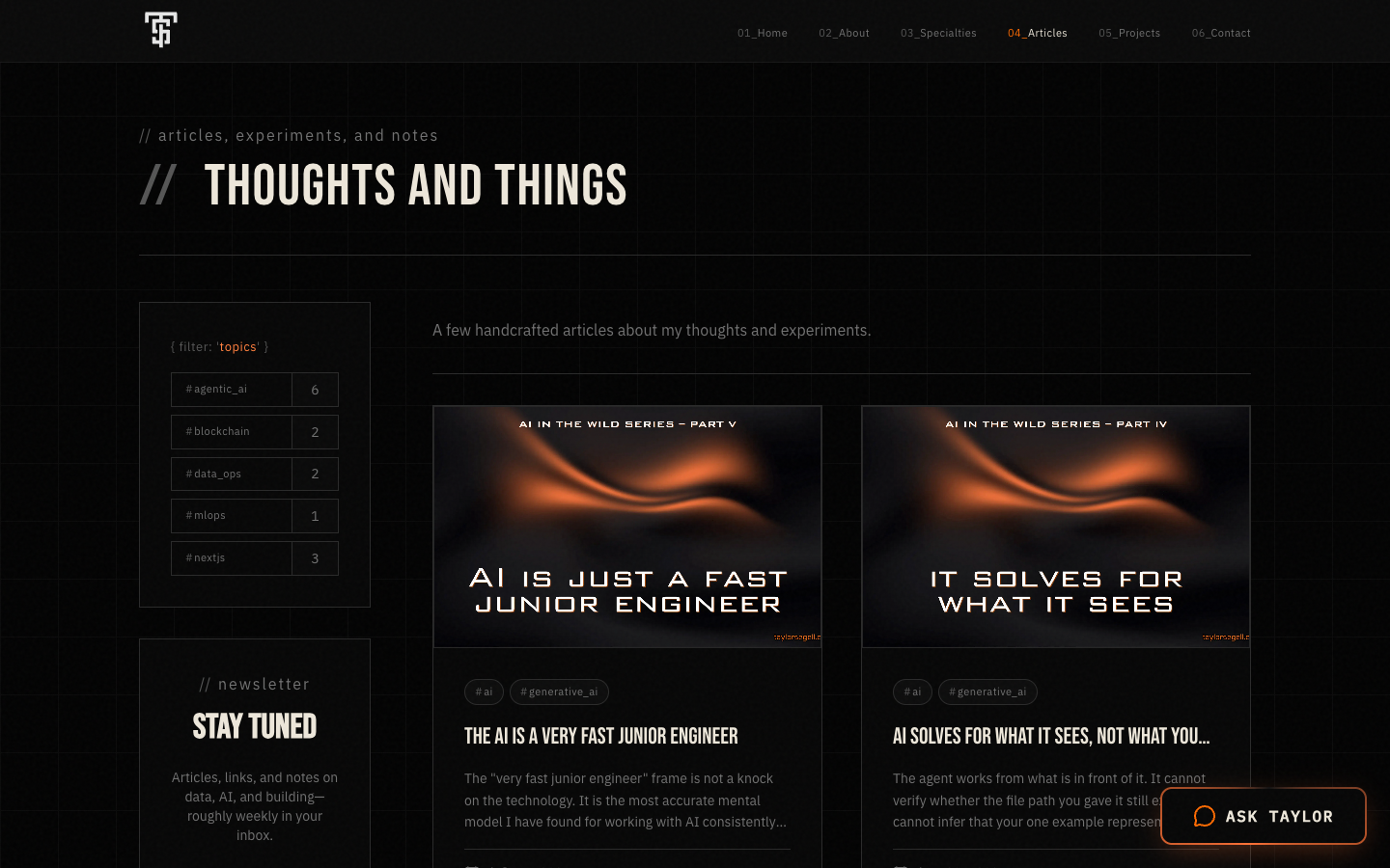 Articles index with topic filters and featured AI in the Wild posts